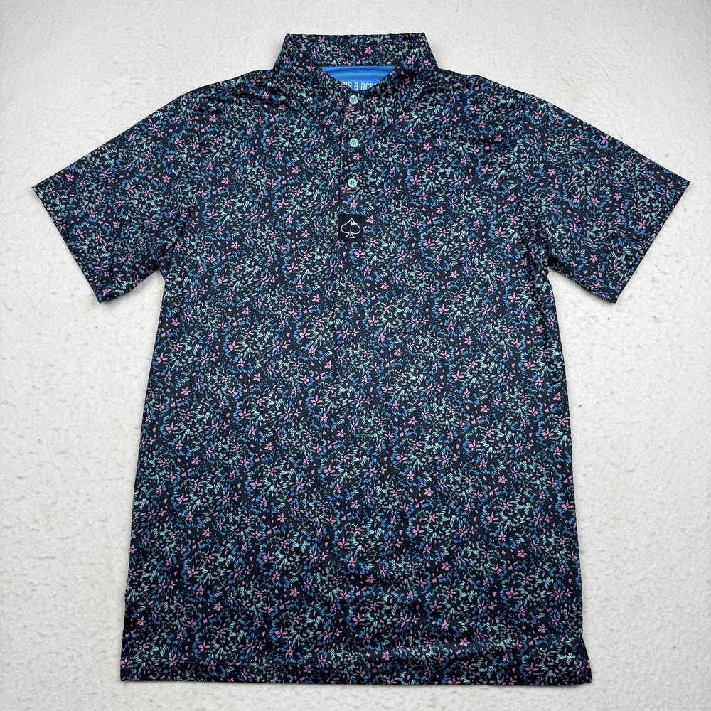 Pins & Aces Polo Shirt Mens Medium Blue Floral Golf Performance Stretch Tech